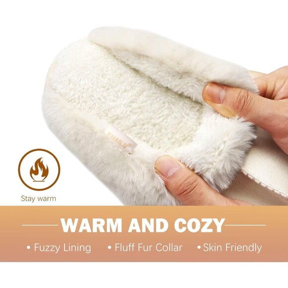 ⚡Women Cream Suede Fluff Dual Memory Foam Arch Support Warm Scuff Slipper - Picture 4 of 6